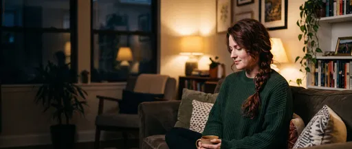 Woman Relaxing in Cozy Evening Lounge