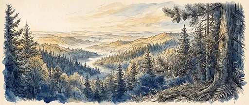 Panoramic Ink and Watercolor Forest Landscape