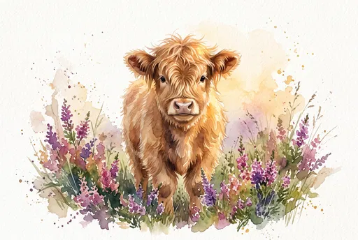 Watercolor Scottish Highland Calf in Heather