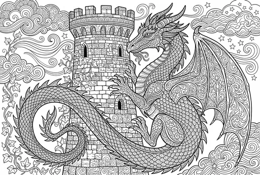 Ornate Dragon and Castle Tower Coloring Page