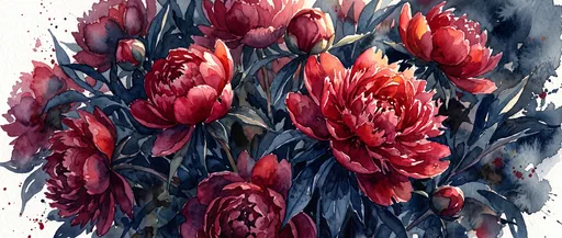Crimson Peonies and Indigo Foliage Watercolor