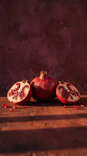 Ripe Pomegranate and Halves in Sunlight