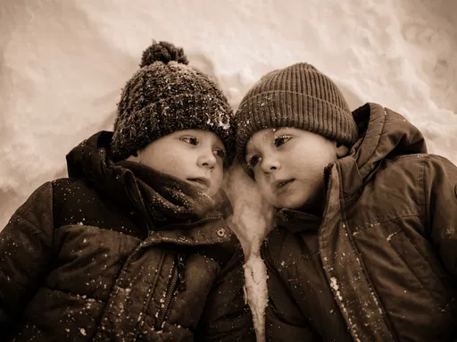 Two Children Lying Together in Snow