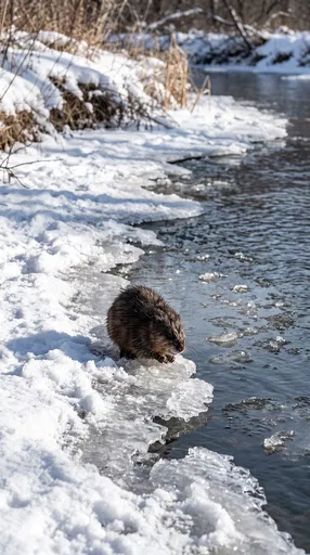Muskrat Sitting on Icy Winter Creek Edge