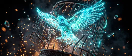 Glowing Glass Bird Breaking Out of Cage