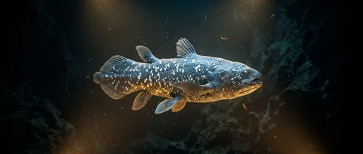 Prehistoric Coelacanth in Dark Underwater Cave
