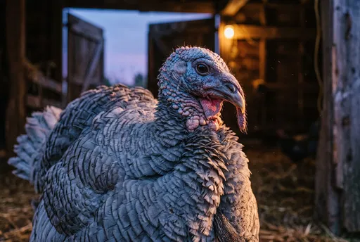 Blue Slate Turkey in Barn at Dusk