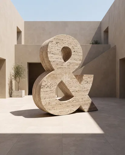 Travertine Stone Ampersand in Minimalist Courtyard