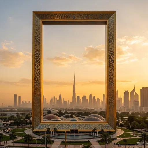 Golden Frame Monument Overlooking Dubai Skyline