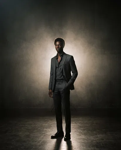 Man in Charcoal Suit in Hazy Studio