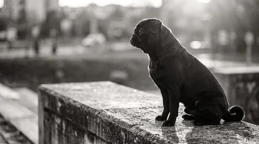 Black Pug Sitting on Concrete Ledge