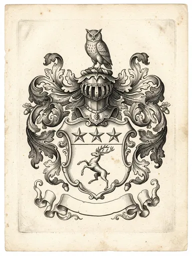 Engraved Heraldic Coat of Arms with Owl