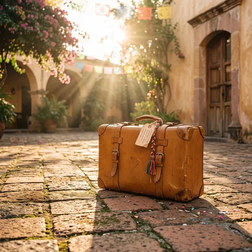 Vintage Leather Suitcase in Sunlit Courtyard