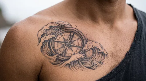 Nautical Compass and Waves Chest Tattoo
