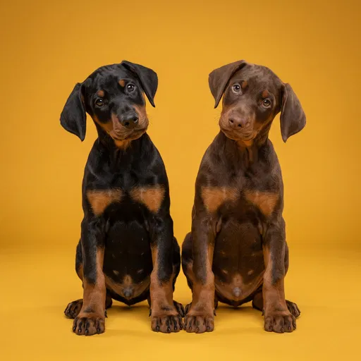 Two Doberman Puppies on Yellow Backdrop