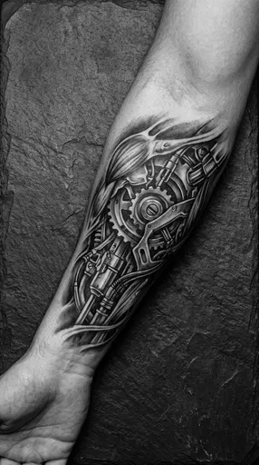 Monochrome Biomechanical Forearm Tattoo on Slate