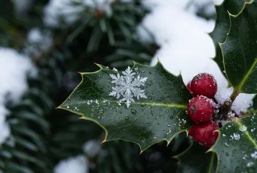 Snowflake on Holly Leaf with Red Berries