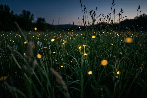 Glowing Fireflies in Dusk Summer Meadow
