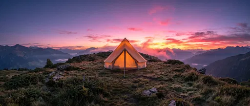 Glowing Tent on Mountain Ridge at Sunrise
