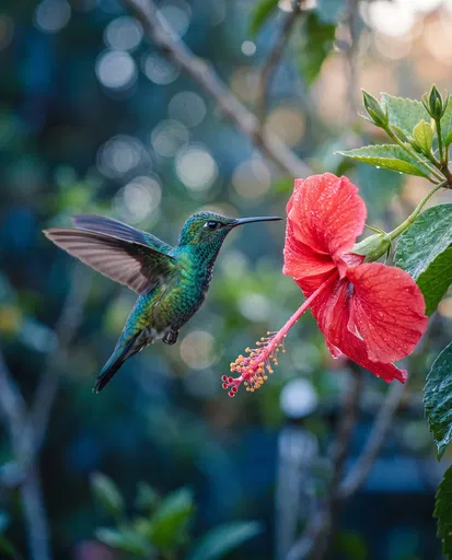 Emerald Hummingbird Hovering Near Red Hibiscus