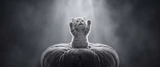 Monochrome Kitten Reaching Up on Cushion