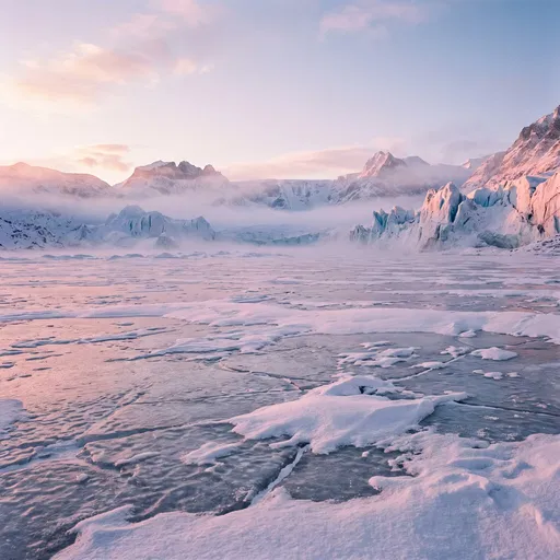 Pink Alpenglow Over Frozen Glacial Landscape