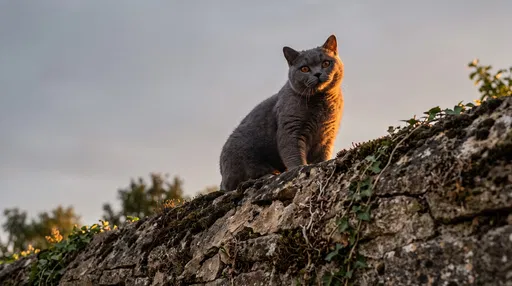 British Shorthair Cat on Stone Wall