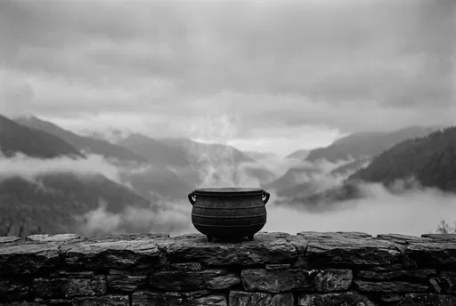 Steaming Cast Iron Cauldron on Stone Wall