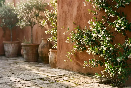 Sunny Mediterranean Courtyard With Jasmine Vines