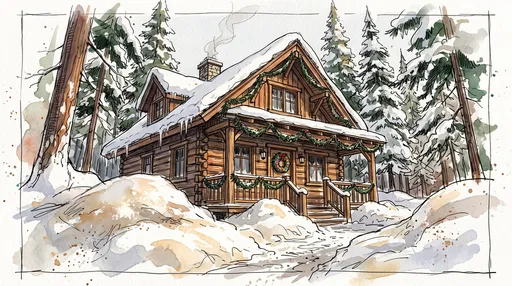 Watercolor Sketch of Snowy Christmas Cabin