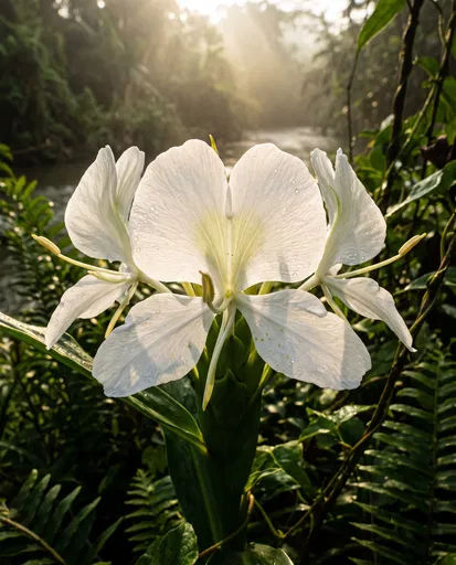Backlit White Mariposa Flower by Tropical River