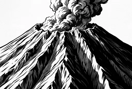 Monochrome Graphic Illustration of Smoking Volcano