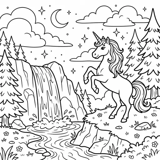 Unicorn Rearing by Waterfall Coloring Page