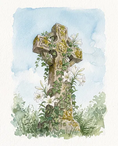 Watercolor Stone Cross With Ivy and Lilies