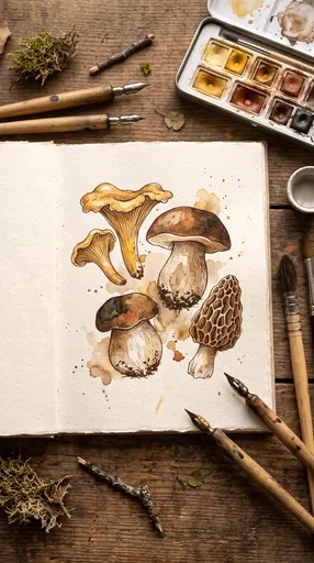 Watercolor Mushroom Sketchbook Flat Lay