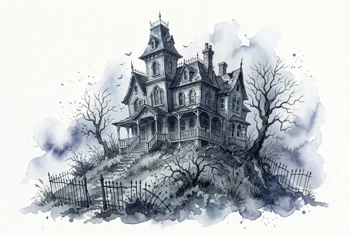 Watercolor Gothic Haunted Mansion on Hill