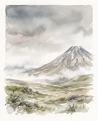 Muted Watercolor Composite Volcano Landscape