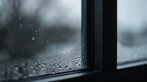 Condensation Droplets on Black Window Frame