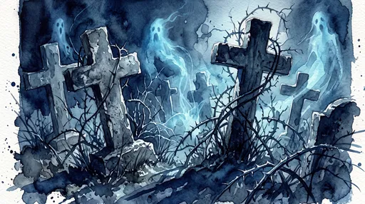 Watercolor Ghostly Graveyard with Stone Crosses