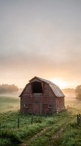 Rustic Red Barn at Misty Sunrise