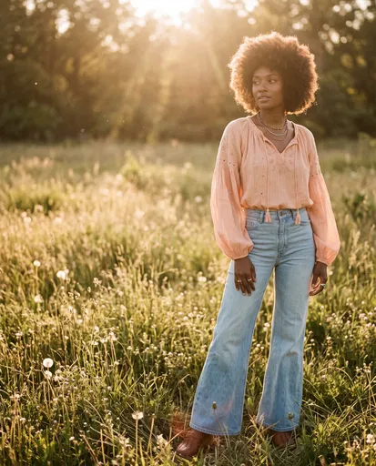 Woman in 1970s Fashion in Meadow