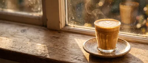 Cortado Coffee on Sunlit Wooden Window Ledge