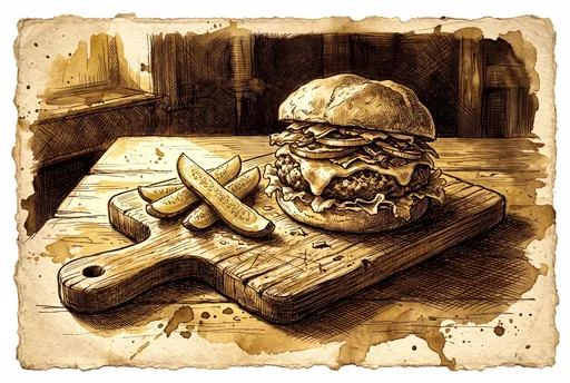 Sepia Ink Drawing of Tavern Burger