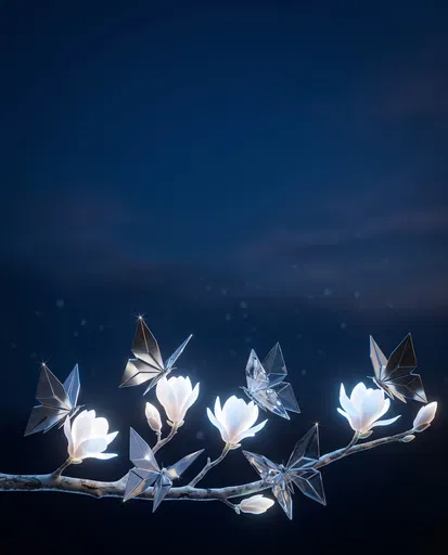 Origami Butterflies on Glowing Magnolia Branch
