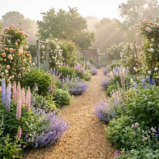 Sunlit English Cottage Garden Pathway