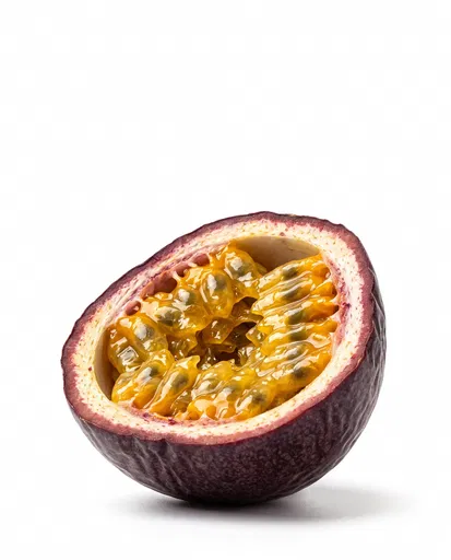 Halved Purple Passion Fruit on White