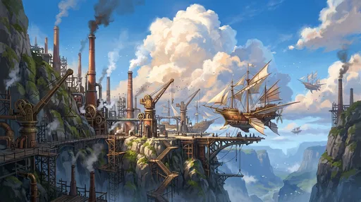 Steampunk Cliffside Airship Dock Illustration