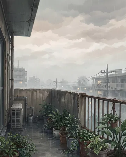 Rainy Anime Apartment Balcony With Plants