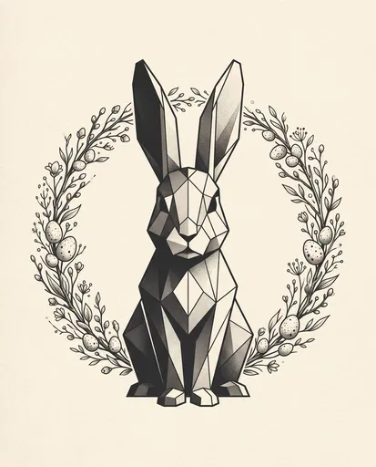 Geometric Easter Rabbit in Botanical Wreath