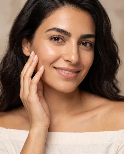 Smiling Middle Eastern Woman Touching Her Cheek